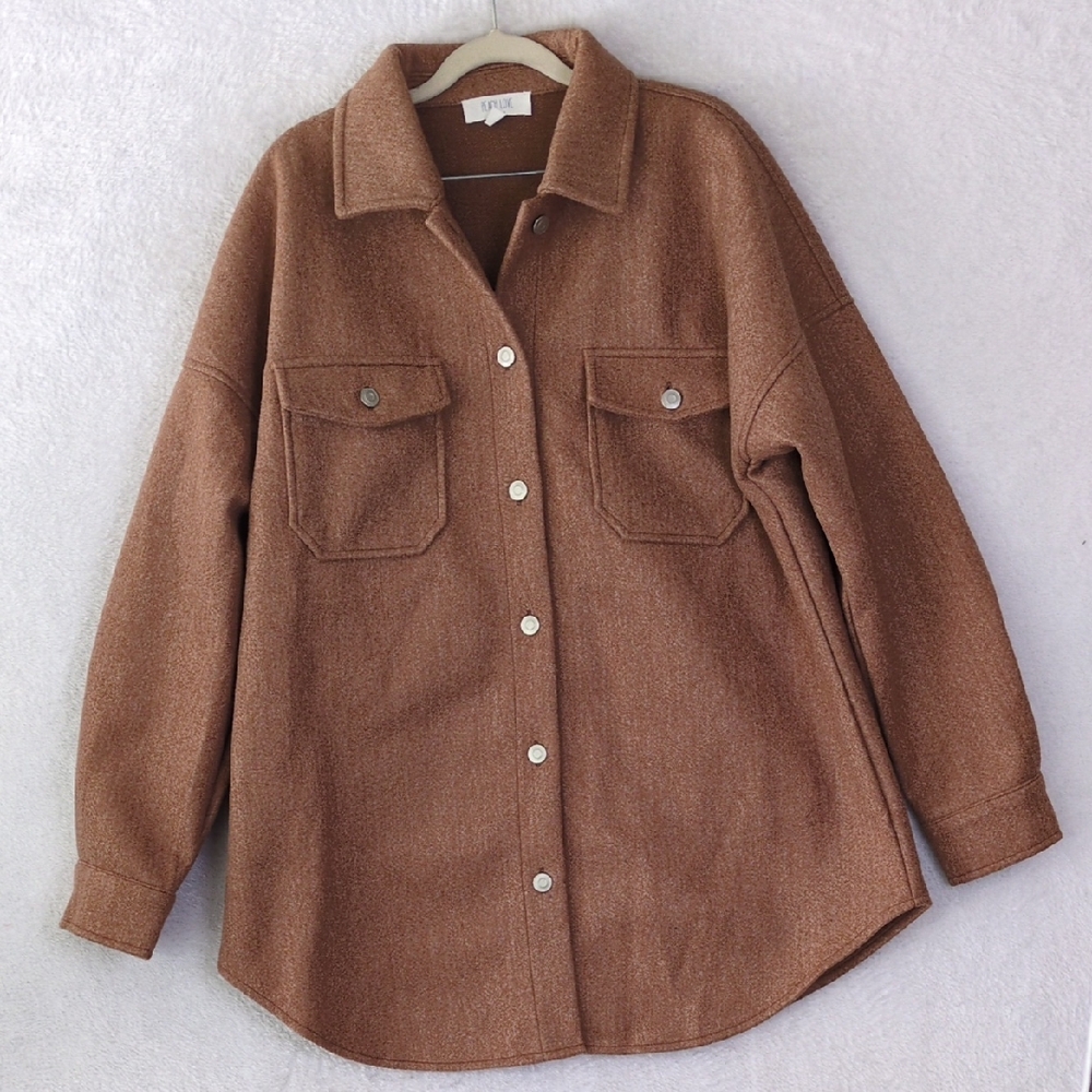Peach Love Womens Tan Oversized Cozy Shacket Button Down‎ Shirt Size L